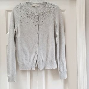 LOFT Heather Gray Cardigan with Dainty Beading